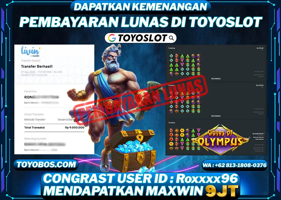 TOYOSLOT - BUKTI KEMENANGAN Gates Of Olympus Rp9,000,000,- LUNAS